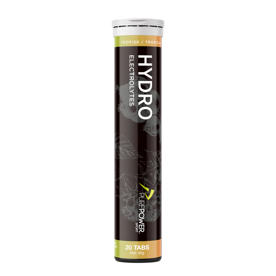 PurePower Hydro Tabs med tropisk smag – elektrolyttabletter i gul /grøn emballage