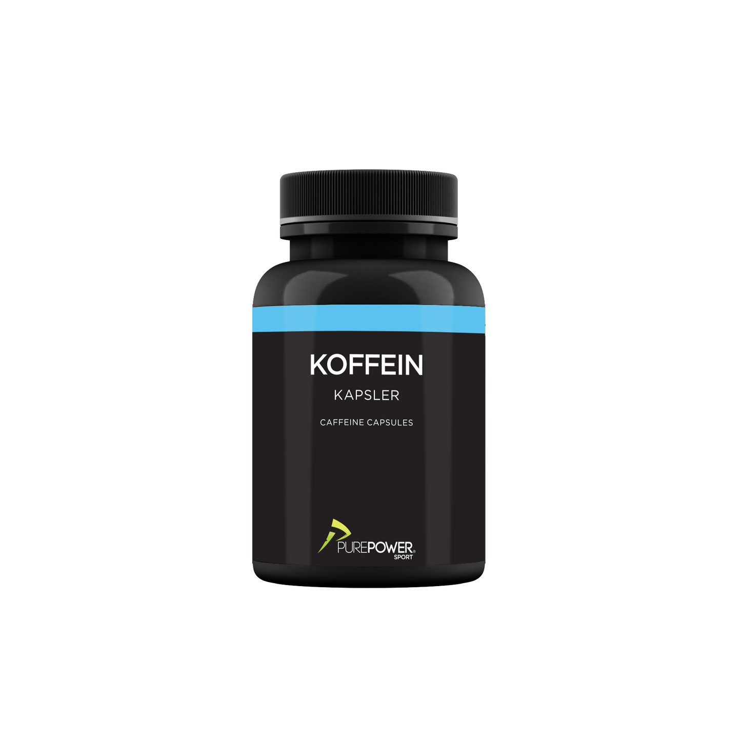 Produktbillede af PurePower koffein kapsler – sort bøtte med blå streg henover ved toppen