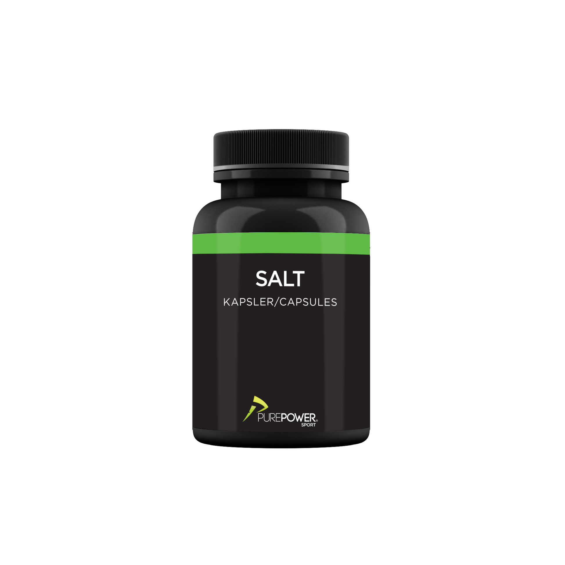 PurePower saltkapsler i sort beholder med grøn streg i toppen – elektrolyttilskud til udholdenhedssport