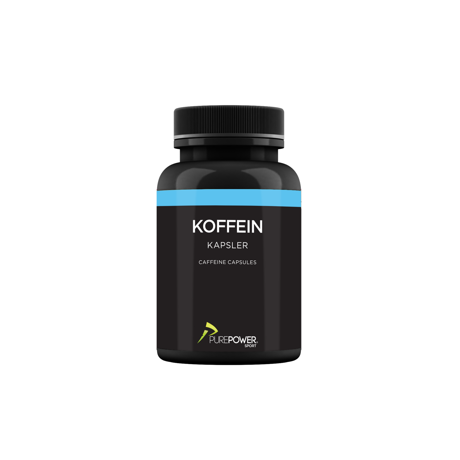 Produktbillede af PurePower koffein kapsler – sort bøtte med blå streg henover ved toppen 