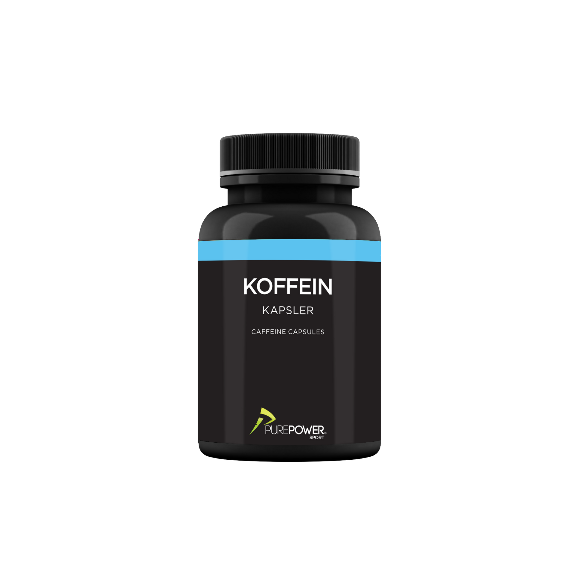 Produktbillede af PurePower koffein kapsler – sort bøtte med blå streg henover ved toppen 