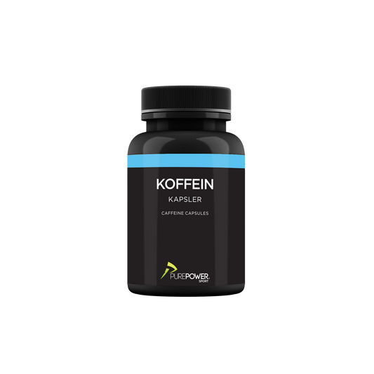 Produktbillede af PurePower koffein kapsler – sort bøtte med blå streg henover ved toppen 
